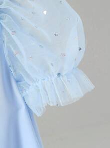 女童优雅圆领心形网眼泡泡袖蝴蝶结前部休闲时尚连衣裙，适合度假、旅行和生日礼物，夏季 - 淺藍色 - 查看 5