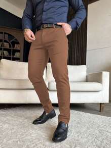 Calvornis 男士休闲纯色修身斜口袋西装裤，不含腰带男士裤子男士休闲裤男士棕色裤子 - 鏽棕色 - 查看 3