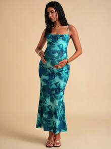 MaterniChic Pregnant Women Tie Dye Printed Fitted Summer Strap Dress  Maternity  Dress FLORAL - Green - View 7