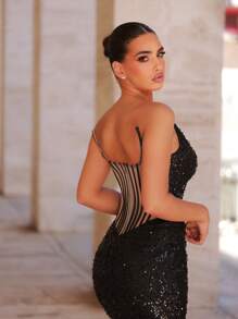 Glamrae 优雅浪漫的抹胸黑银弹力亮片刺绣前卫猫耳特殊形状领子鱼骨结构设计背部修身鱼尾礼服，适合晚宴、单身派对、约会、度假、返校季、毕业季、婚礼活动、重工业晚礼服（重工业风格）、正式、礼服、婚礼宾客、万圣节 - 黑與白 - 查看 4