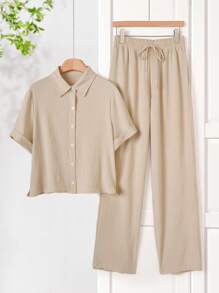 Rusticease 2pcs Women's Crew Neck Solid Sleeveless Top And Floral Print Pants Casual Vacation Outfit,Women Clothing Sets - Khaki - View 5