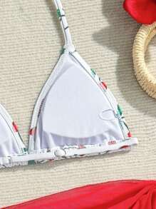 Tween Girls Cherry Blossom Print Halter Bikini Set With Wrap Skirt, Fashionable Summer Essential - Multicolor - View 4