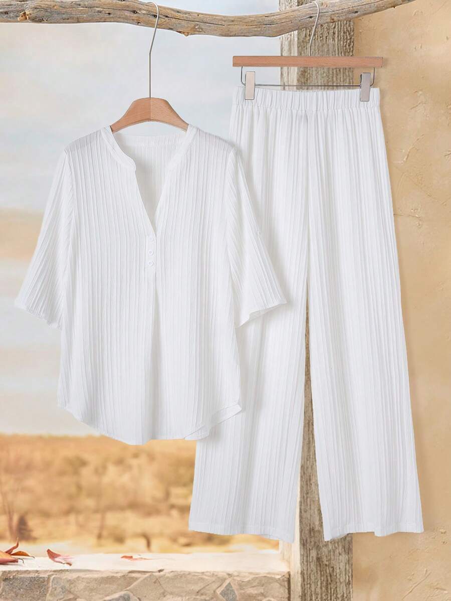Rusticease 休闲条纹面料缺口领上衣和松紧腰宽松裤套装 - 白色 - 查看 1