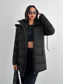 SHEIN Tall Tall Size Zip Up Drawstring Hooded Padded Coat, For Winter Streetwear - Black - View 3
