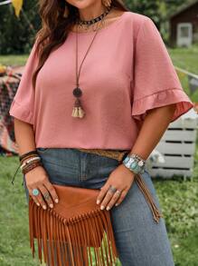 EMERY ROSE Blusa de verano con mangas con volantes de unicolor y talla grande, estilo casual de vacaciones, playa, para vacaciones de verano, concierto country, estilo bohemio, vacaciones, ropa occidental para mujer de talla grande, top para fiesta - Verde Oscuro - Ver 8