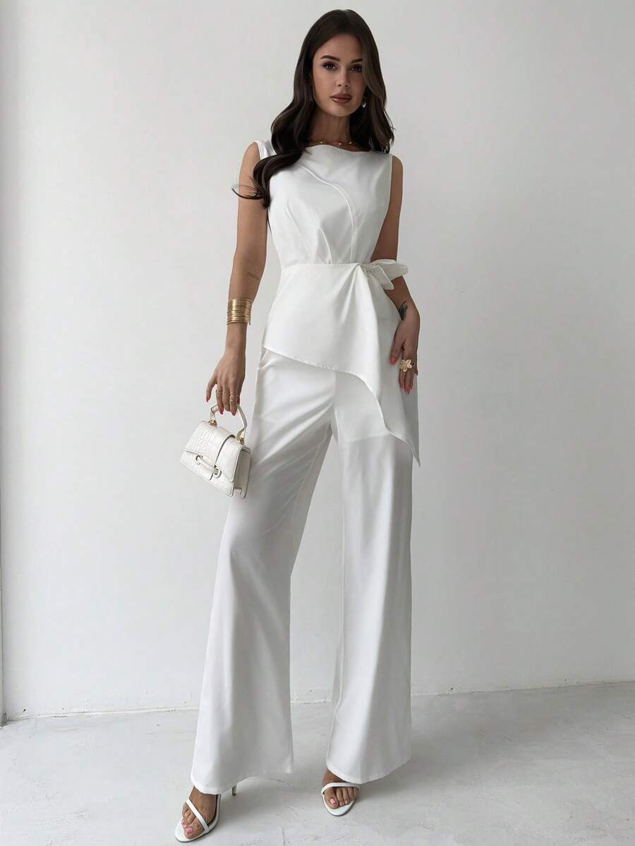 Firerie 女士优雅休闲白色无袖腰部不对称荷叶边下摆连体裤，适合日常、通勤、夏季外出，全白女装 - 白色 - 查看 1