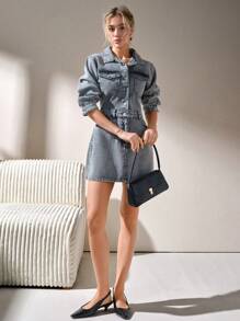 CLARA VERO 女士休闲通勤水洗牛仔连衣裙 - 灰色 - 查看 5