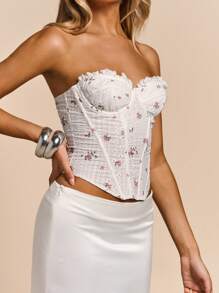 Glamine 女式白色碎花荷叶边饰边系带后背网眼刺绣露肩束身衣抹胸上衣，夏季，女士夏季服装，抹胸，女士束身衣上衣