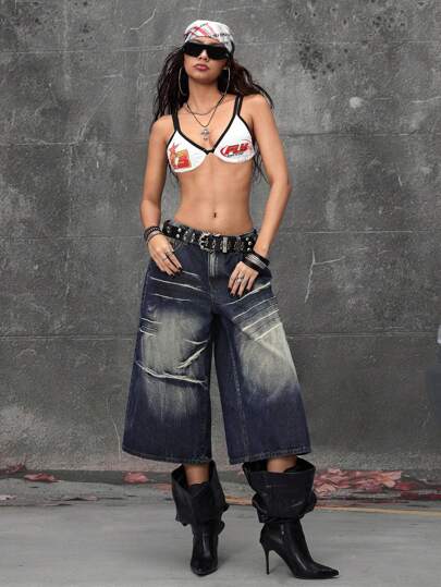 Grunge Punk Tief sitzende hüftbetonte Jeans mit ausgewaschener Optik, superschwammiger Streetstyle, verkürzt