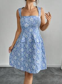 Elenzga Plus Size Women Summer Vacation Style Jacquard Square Neck Hollow Back Waisted Dress - Blue - View 4