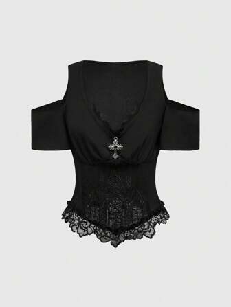 Goth Gothic Style Embroidered Hollow Pattern Deep V-Neck Off Shoulder Blouse For Women