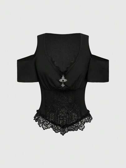 Gothic Style Embroidered Hollow Pattern Deep V-Neck Off Shoulder Blouse For Women