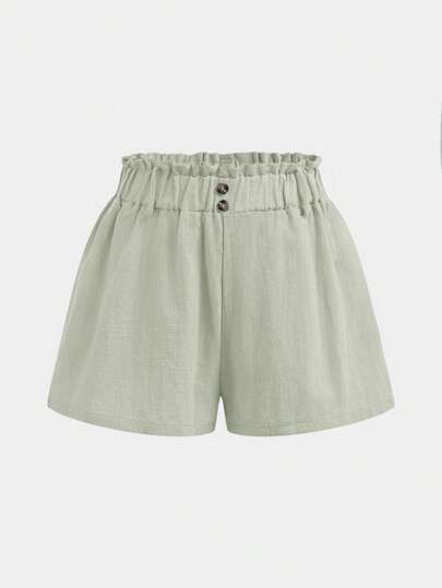 Girlism 少女蓝灰色纯色休闲短裤，纸袋腰纽扣细节，春夏季，适合休闲度假、节日、午餐、音乐节