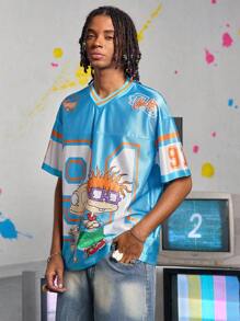 ROMWE MEN Nick 90's X ROMWE Camiseta de manga corta de estilo deportivo casual y de moda con estampado de dibujos animados para hombre