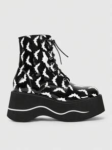 ROMWE Goth 女式厚底蝙蝠图案靴，朋克哥特风格系带踝靴，时尚拉链粗跟 Y2K 靴子，适合秋季、万圣节 - 黑色 - 查看 1