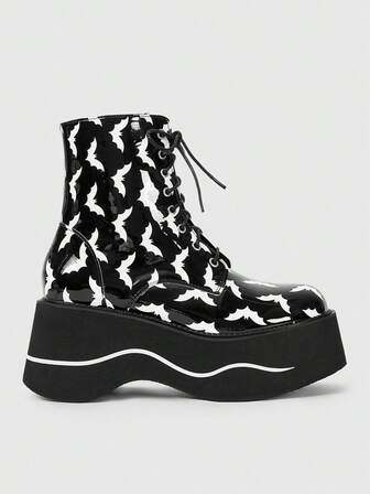 Damen Plateau-Fledermaus-Grafik-Stiefel, Punk Goth Stil Schnürstiefeletten, Mode Reißverschluss Absatz Y2K Stiefel für Herbst, Halloween