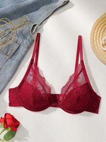SHEIN 1 件女士性感蕾丝无钢圈文胸内衣 - 酒紅色 - 查看 5