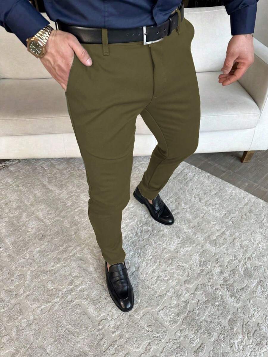 Manfinity Mode Men's Solid Color Pocket Casual Business Slim Fit Dress Pants Men Pants Casual Pants For Men Men Pants Men Clothes Pants Men Slim Fit Dress Pants - Olive Green - View 1