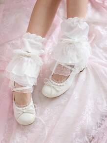 ROMWE Kawaii 1 par de calentadores de pierna adorables y románticos con lazo y lunares de perlas falsas, calentadores de pierna con volantes multicapa y encaje splice, medias de la subculturas JK - Blanco - Ver 1