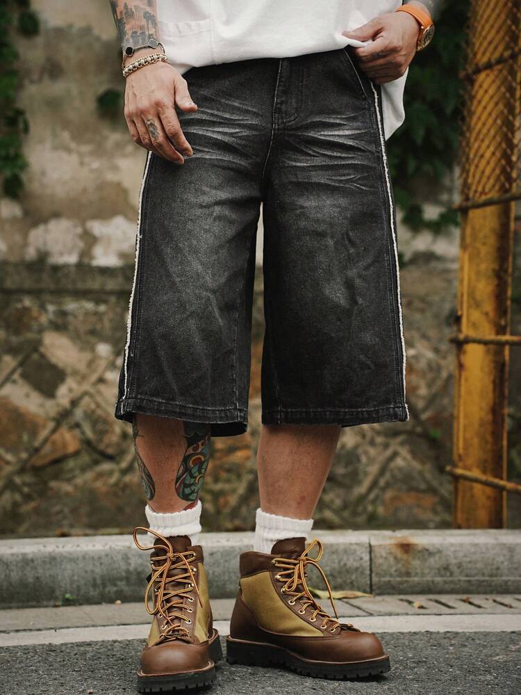 Men's Patchwork Black Denim Shorts, Summer