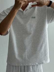 DAZY Conjunto de camiseta polo gris para hombres con bordado de letra, para verano