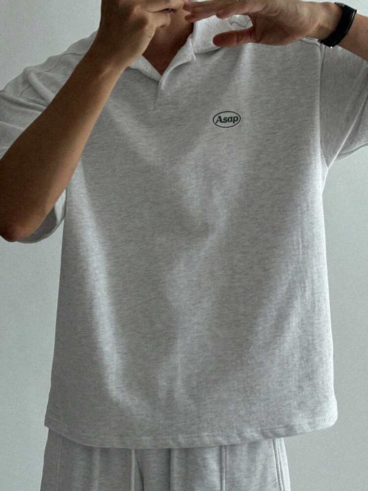 Men's Gray Polo Shirt Set With Letter Embroidery, Summer