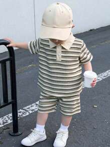 Young Boy Summer New Stripe Casual Short Sleeve Outfit, Polo Collar Short Sleeve Top + Shorts, 2pcs Set Summer Holiday - Khaki - View 3