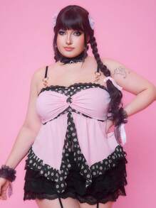 ROMWE Kawaii Cute Y2K Style Polka Dot Ruffle Hem Plus Size Camisole & Tank Top - Pink - View 4