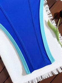 Swim SXY Women's V-Neck Cutout Strap Two-Piece Blue Bikini Set, Contrasting Color Sexy Swimwear Bathing Suit For Summer Beach Vacation - Royal Blue - View 6