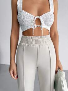 RueChic Damen einfarbige Stoffhose mit elastischem Bund und geradem, gestreiftem Design für den Lässig-Look