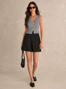 Poéselle 女士金属花朵装饰无袖时尚开衫 - 淺灰色 - 查看 3