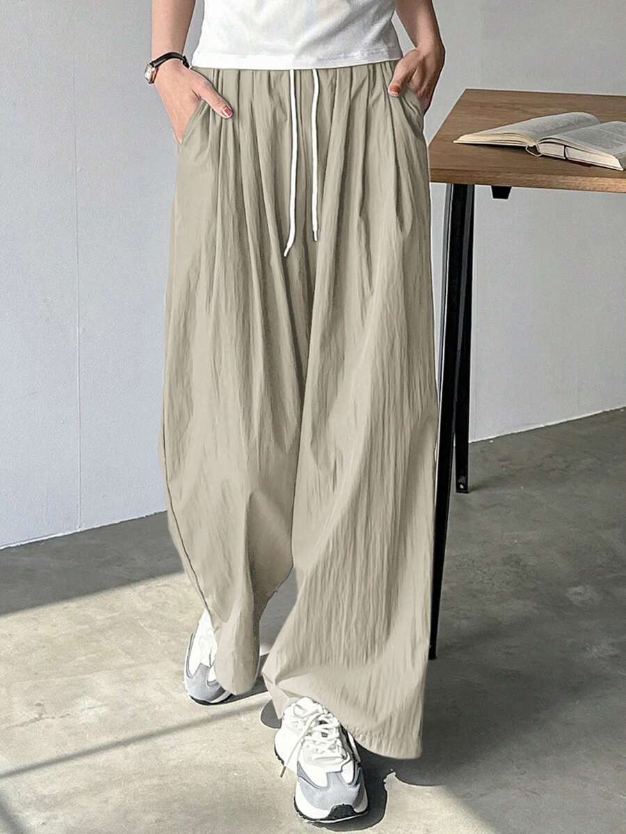 FRIFUL Women's Solid Color Drawstring Waist Pockets Wide Leg Casual Pants, Versatile - Apricot - View 1