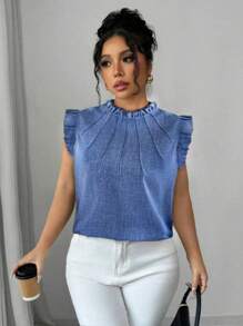 Elenzga Plus Size Women Blue Linen Ruffle Hem Puff Sleeve Shirt - Blue - View 4