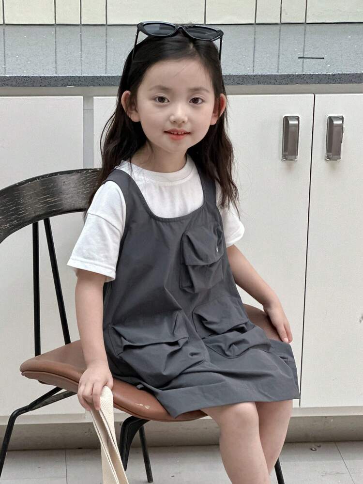 Young Girl Plain Round Neck Short Sleeve T-Shirt And Utility Pocket Suspender Dress 2-Piece Set,Girls Summer Outfits