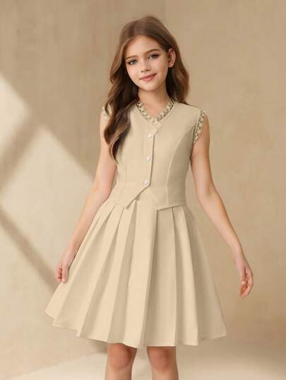 SHEIN 青少年女孩优雅刺绣 V 领无袖修身上衣，不对称下摆搭配高腰纯色百褶裙，2 件套