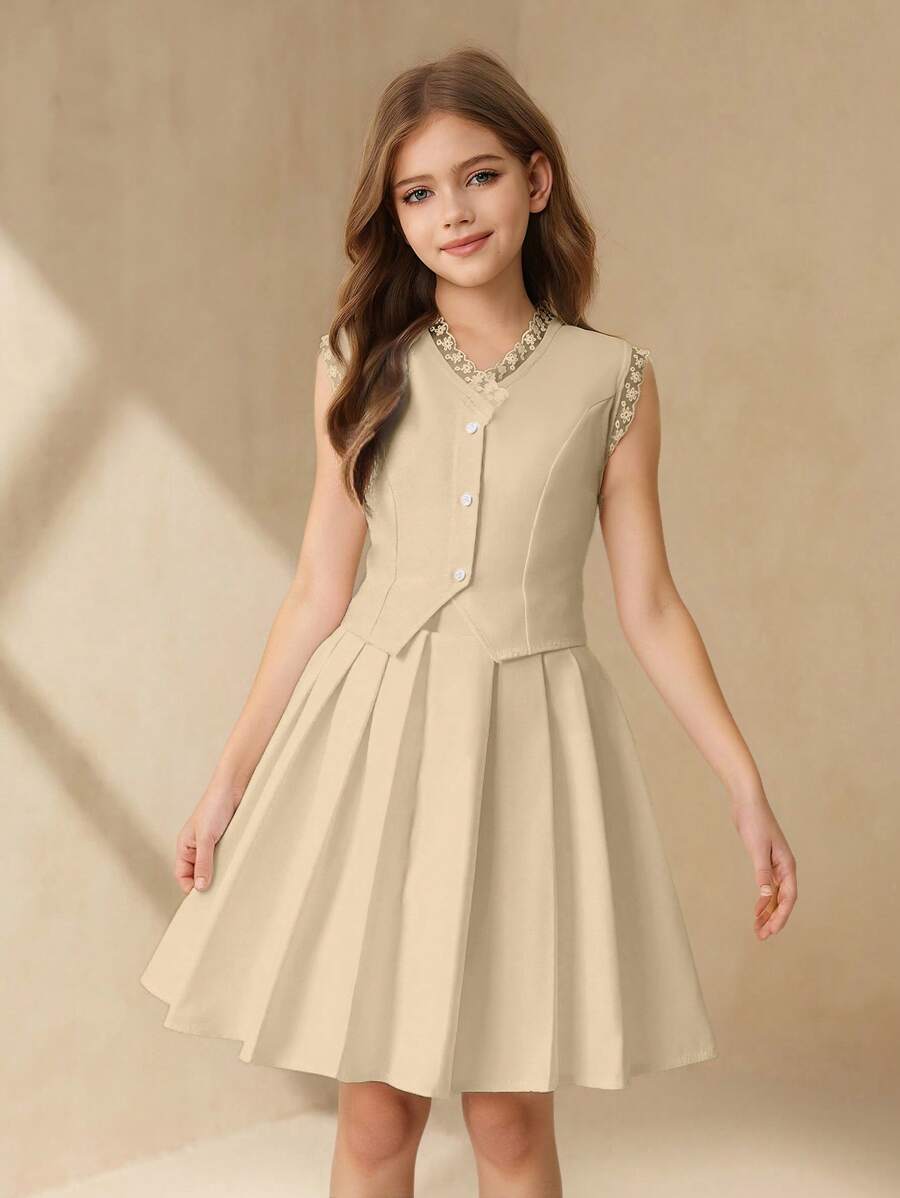 SHEIN Conjunto de 2 peças para meninas adolescentes, blusa elegante bordada com decote em V, sem mangas e bainha assimétrica, combinada com saia plissada de cintura alta e cor lisa - Damasco - Ver 1