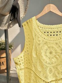 Comfortcana Áo len dệt kim cổ tròn rỗng màu trơn cỡ lớn cho nữ - Màu vàng - Xem 5
