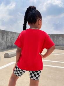 SHEIN Young Girl Casual Street Style Car Print T-Shirt & Checkerboard Leggings 2pcs Set Kids Streetwear - Red - View 2