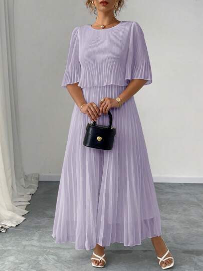 Elenzga Plus Size Elegant Lady-Like Solid Color Chiffon Ruffle Detail Midi Dress, Spring/Summer Women Casual Dresses Birthday Women Clothes Women Birthday Women Plus Clothing Formal