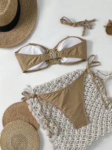 SHEIN 夏季新款闪亮面料可拆卸肩带金色配饰系带比基尼套装 - 咖啡棕 - 查看 2