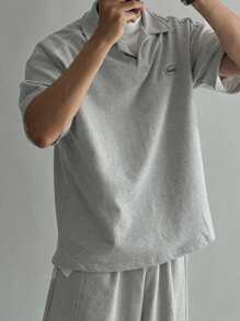 DAZY Conjunto de camiseta polo gris para hombres con bordado de letra, para verano
