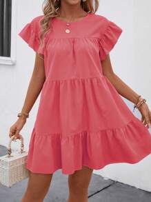 Breezaya Women Summer Solid Color Round Neck Loose Babydoll Dress With Ruffle Trim Vacation Beach Outfit - Watermelon Pink - View 5