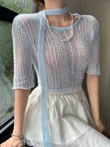 DAZY Women's Contrast Color Crochet Hollow Out Lace Mesh Pullover Short Sleeve Knitted Top With Tie Details, Spring/Summer - Blue - View 1