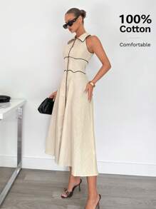 Siren Gaze 女式 100% 纯棉衬衫领无袖撞色边喇叭中长连衣裙，女士亚麻服装 - 杏色 - 查看 4