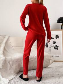 EURMUSE 100%Cotton Embroidery Cartoon & Letter Pattern Lounge Set - Red - View 2