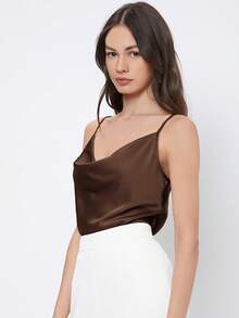 SHEIN BIZwear 2025秋季新款女士纯色垂褶领缎面吊带背心，浪漫优雅百搭商务休闲通勤上衣，OL装，教师制服，基础款上衣 - 巧克力棕 - 查看 4