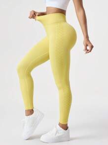 SHEIN Sports 1 件套吸湿排汗快干面料常规版型瑜伽/运动裤，芥末黄基本款 - 黃色 - 查看 3