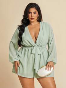 SHEIN BAE 加大码纯色低胸灯笼袖系带连体衣