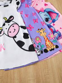 3 件套女童卡通动物印花无袖圆领休闲时尚针织连衣裙，适合夏季