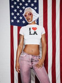 SUMWON WOMEN I Love LA Baby Tee Crop Top California Tourist Fashion Summer Festival Casual Street Style Graphics Fitted Short Sleeve City Graphic - White - View 7